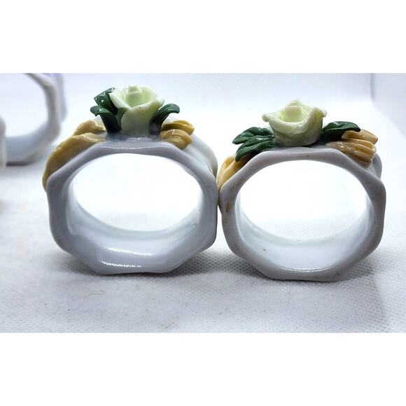 NAPKIN RINGS-Porcelain-3D Flowers-Yellow-Green-Set of 4 - Picture 11 of 16